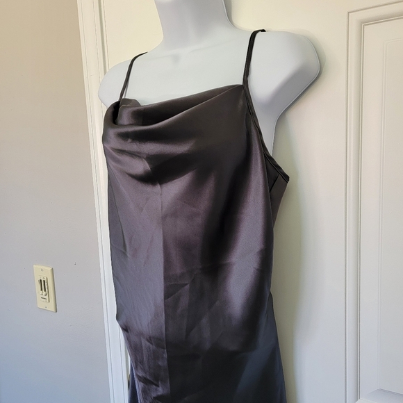 Bebe Satin Long Sleeveless Slip Dress Cowl Neck Dark Gray Pewter Y2K Size M - Picture 3 of 11